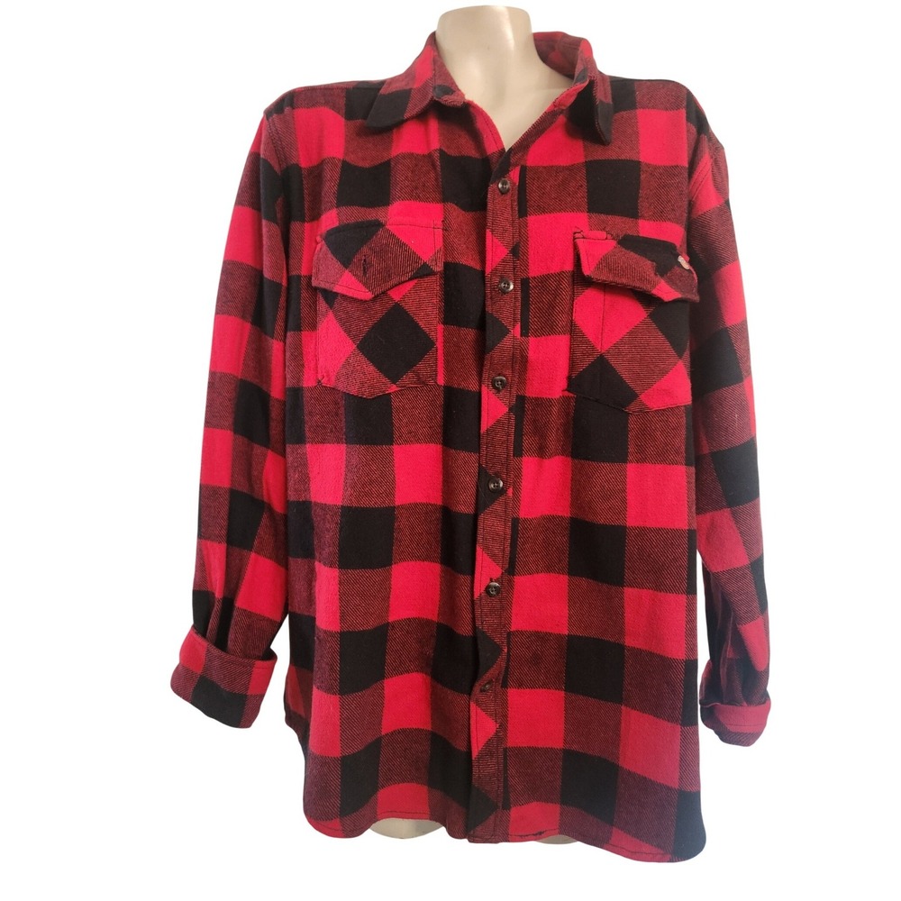 Dickies Mens Large Red Black Buffalo Plaid Flannel Button Down Shirt 100% Cotton